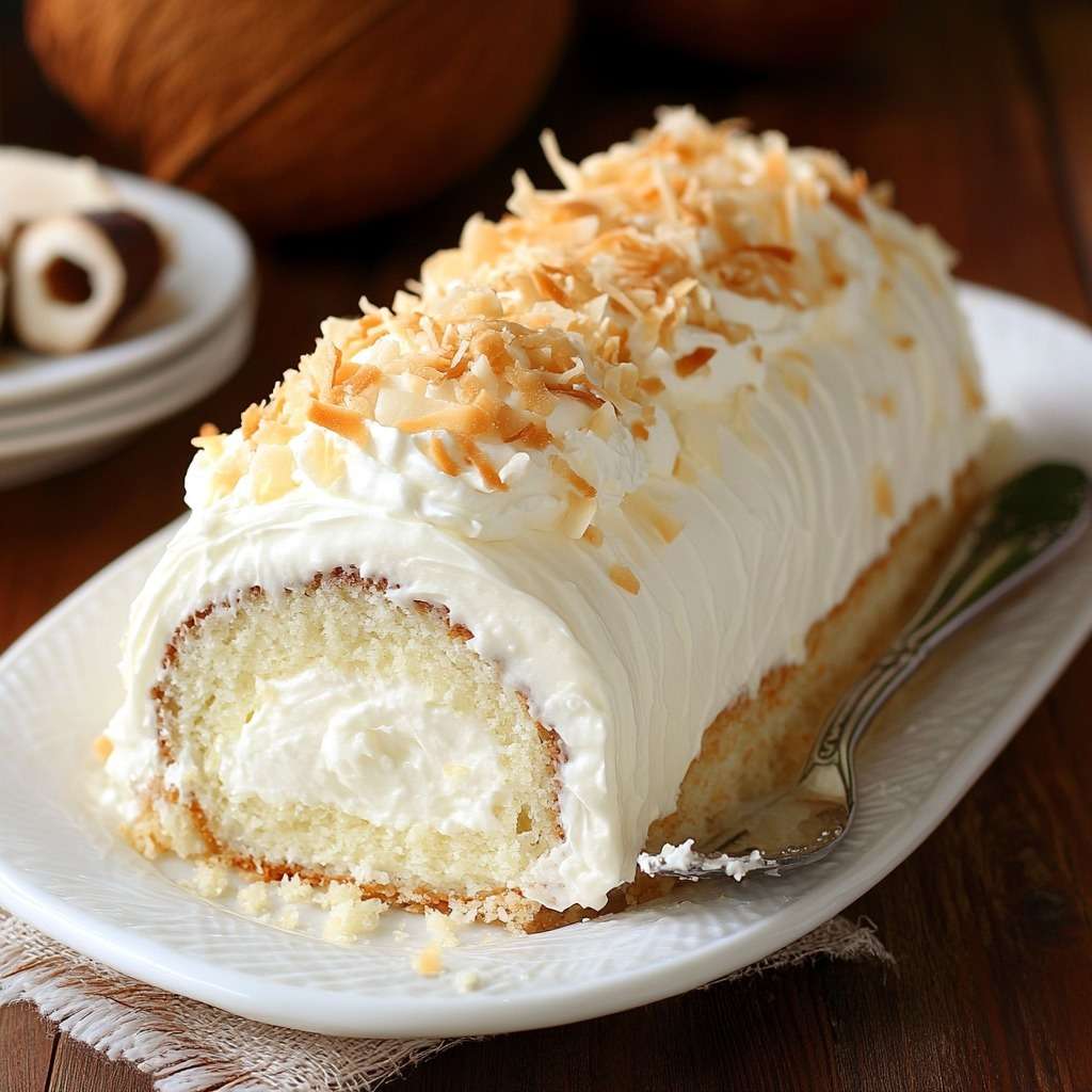 Gâteau roulé à la noix de coco garni de crème pâtissière, saupoudré de noix de coco râpée.