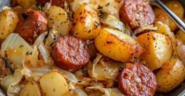 Poêlée de kielbasa dorée avec pommes de terre et chou émincé dans une cocotte en fonte.