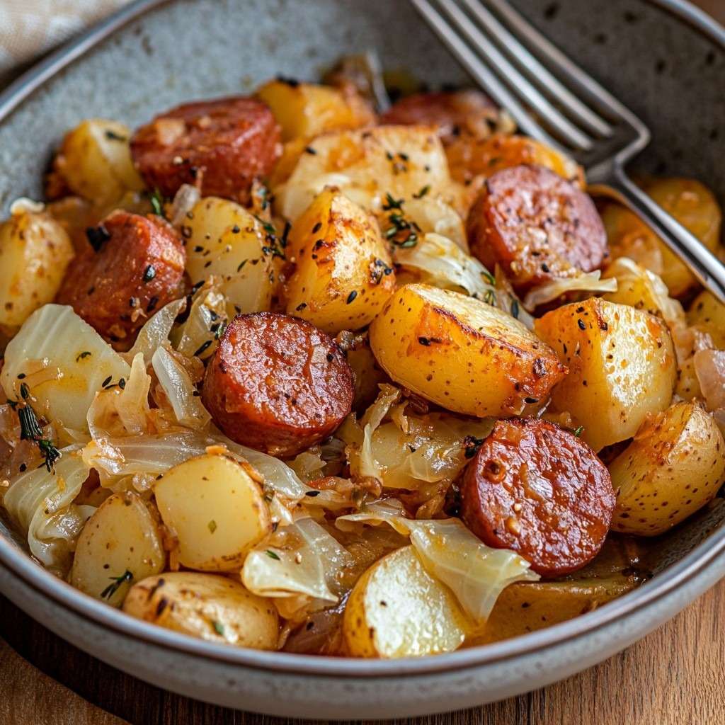 Poêlée de kielbasa dorée avec pommes de terre et chou émincé dans une cocotte en fonte.