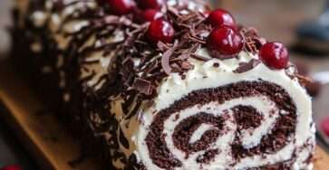 Gâteau roulé Forêt-Noire au cacao garni de chantilly et de cerises, décoré de copeaux de chocolat.