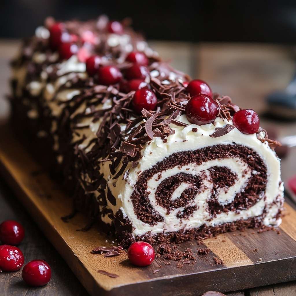 Gâteau roulé Forêt-Noire au cacao garni de chantilly et de cerises, décoré de copeaux de chocolat.