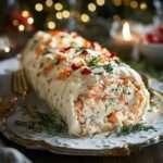 Bûche au crabe et cream cheese décorée d’herbes fraîches et de citron en tranches.