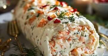 Bûche au crabe et cream cheese décorée d’herbes fraîches et de citron en tranches.