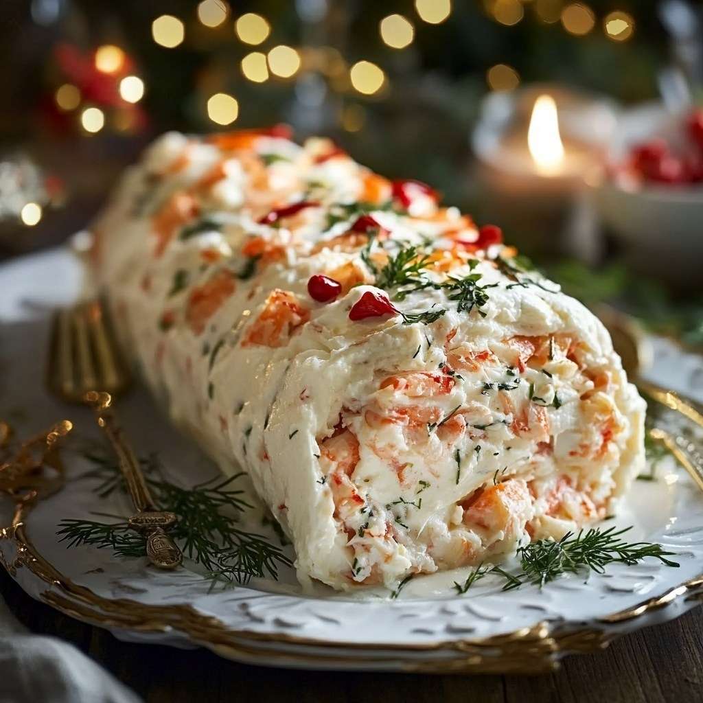 Bûche au crabe et cream cheese décorée d’herbes fraîches et de citron en tranches.
