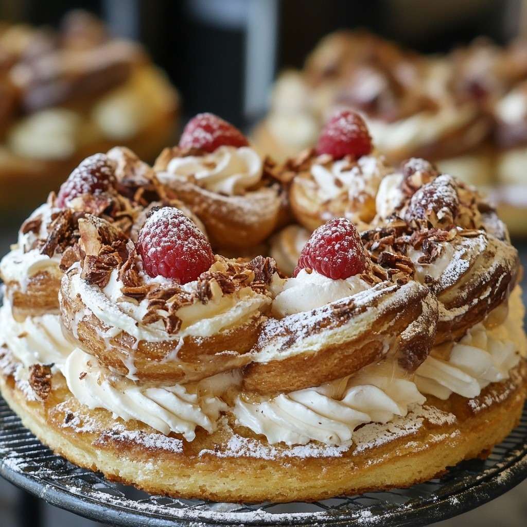 Paris-Brest traditionnel garni de crème mousseline pralinée et décoré d’amandes effilées.