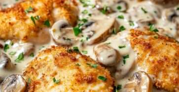 Poulet pané croustillant servi avec une sauce crémeuse aux champignons et parmesan.