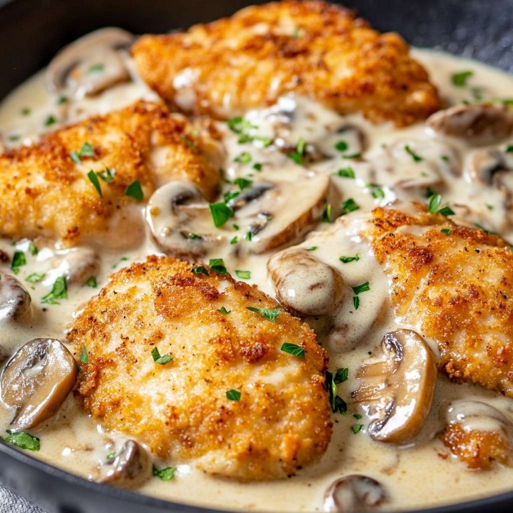 Poulet pané croustillant servi avec une sauce crémeuse aux champignons et parmesan.