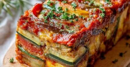 Terrine de ratatouille fondante avec courgettes, aubergines et tomate confite, servie en tranches.