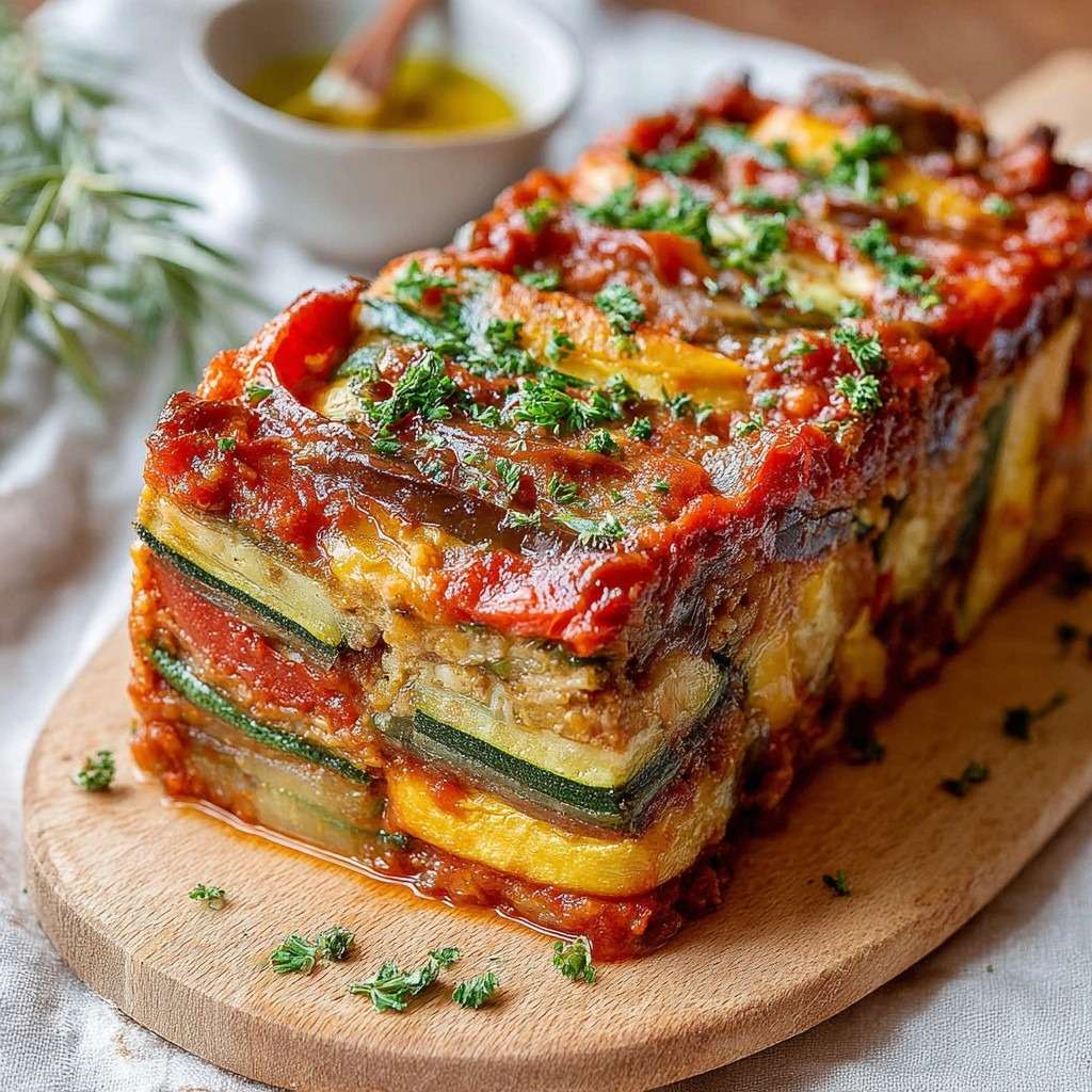 Terrine de ratatouille fondante avec courgettes, aubergines et tomate confite, servie en tranches.