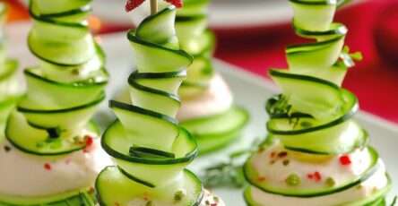 Sapins apéritifs en rubans de concombre posés sur une base de fromage frais aux herbes avec étoile rouge décorative.