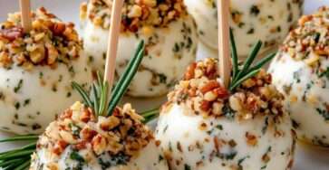 Boules de fromage frais roulées dans des noix concassées avec herbes et pics décoratifs.