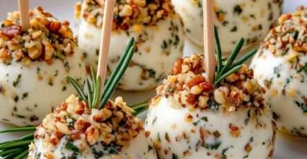 Boules de fromage frais roulées dans des noix concassées avec herbes et pics décoratifs.
