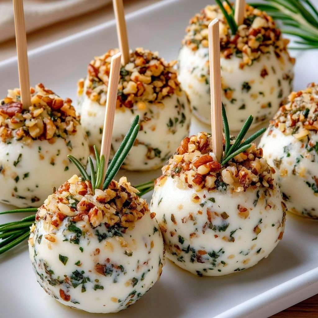 Boules de fromage frais roulées dans des noix concassées avec herbes et pics décoratifs.