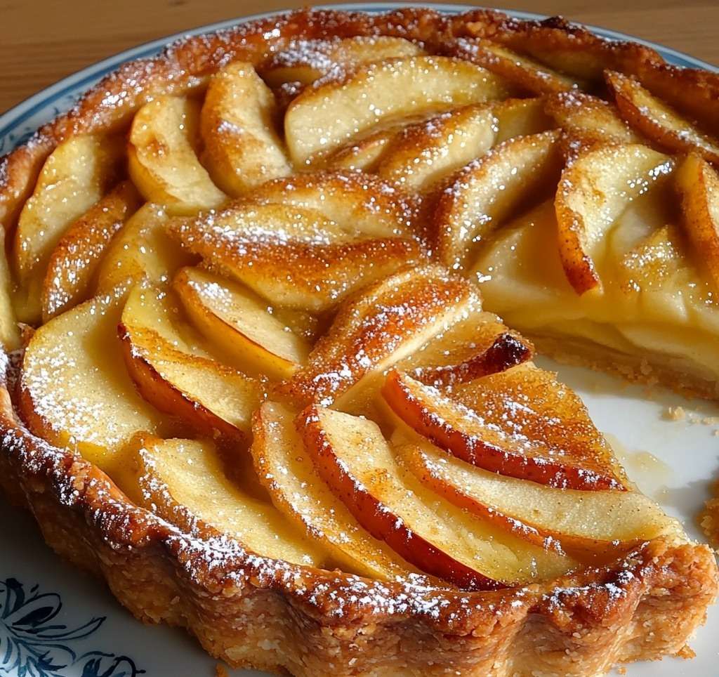 Tarte alsacienne aux pommes avec rosace de pommes et flan vanillé sur pâte sablée dorée.
