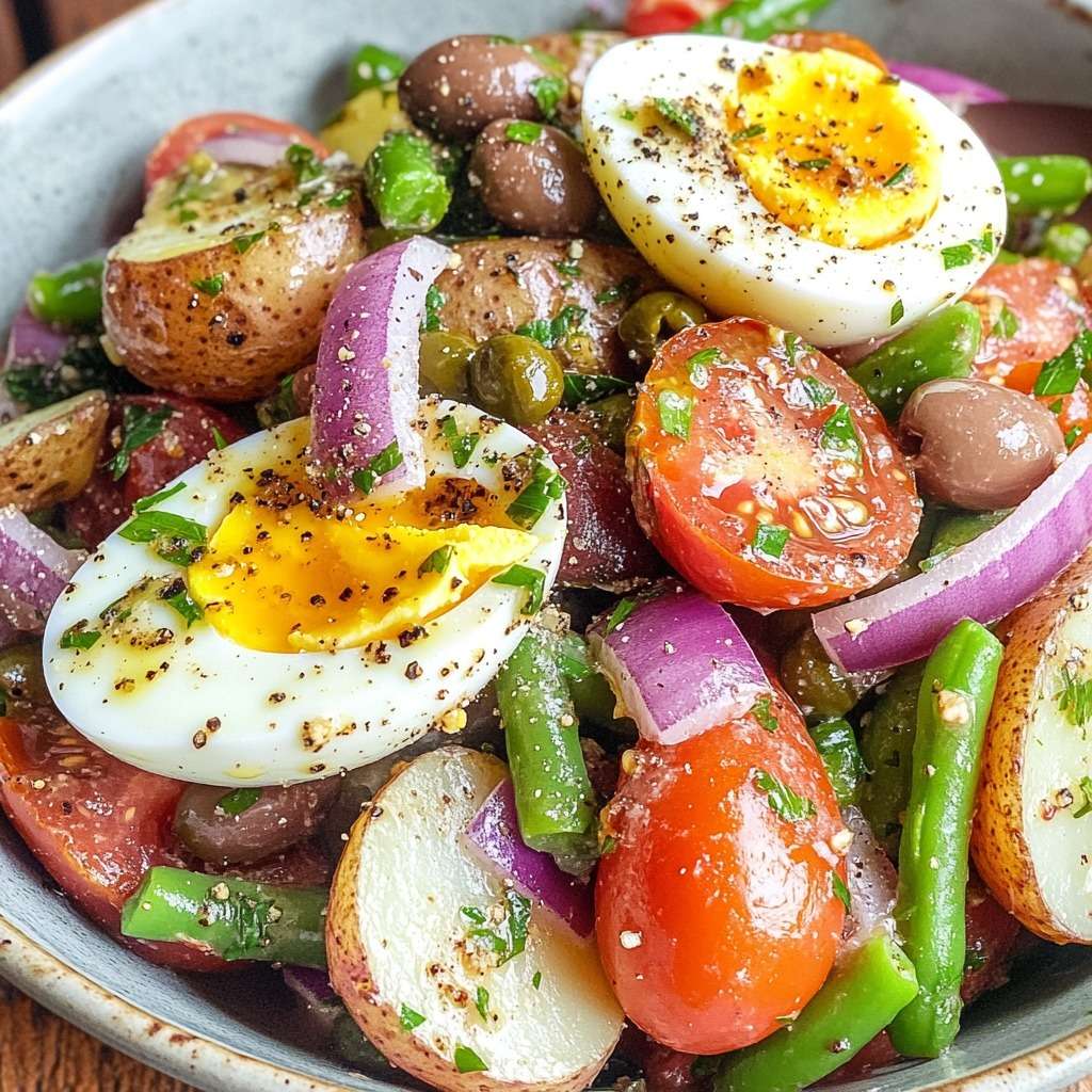 Salade tiède façon niçoise composée de pommes de terre fondantes, œufs mollets, tomates cerises, olives et haricots verts dans un grand saladier.
