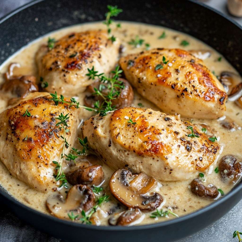 Assiette de poulet à la crème et champignons avec sauce onctueuse, décorée de persil.