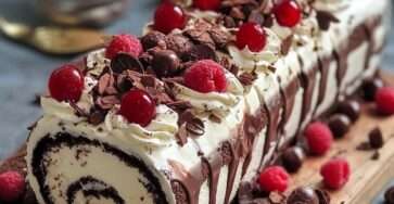 Gâteau roulé Forêt-Noire garni de chantilly, cerises et copeaux de chocolat.