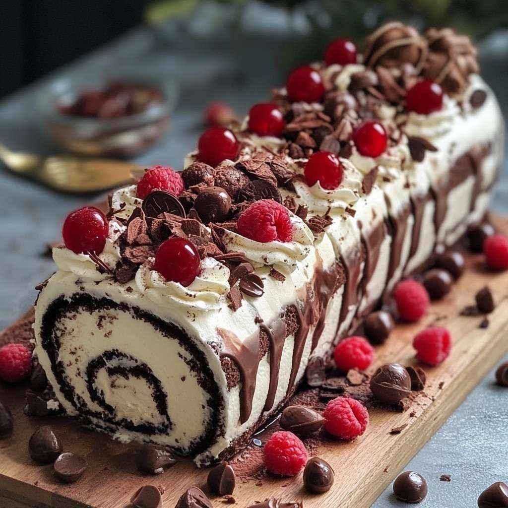 Gâteau roulé Forêt-Noire garni de chantilly, cerises et copeaux de chocolat.
