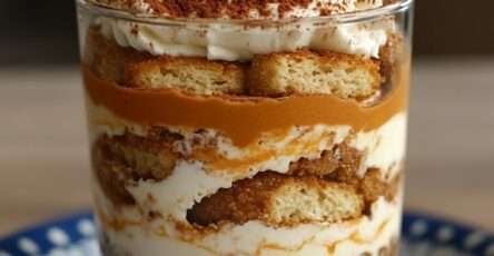 Verrines de tiramisu de Noël aux spéculoos avec couches de crème, café et pâte de spéculoos.