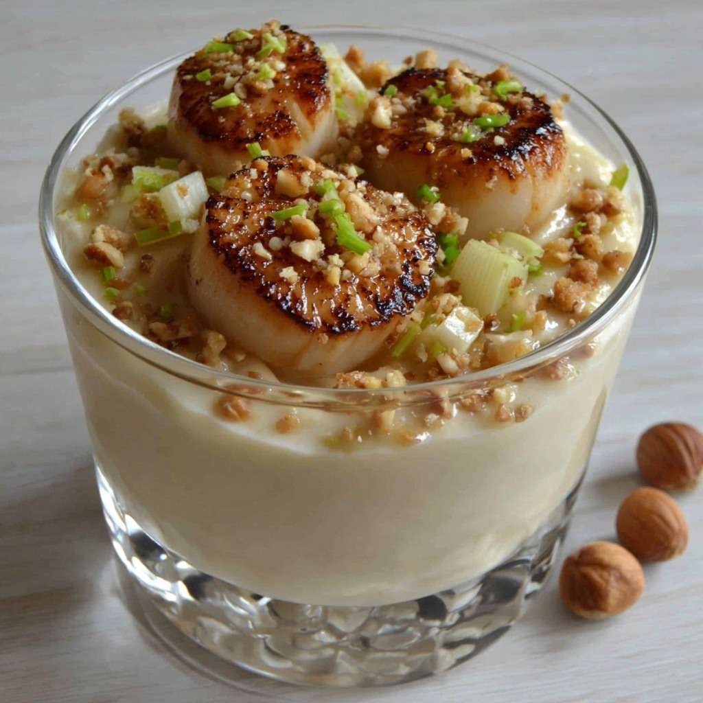 Verrines gastronomiques de Saint-Jacques poêlées posées sur une crème de panais, décorées de noisettes et oignon nouveau.