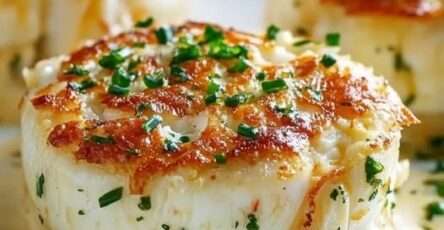 Flans de crabe individuels nappés de sauce crémeuse à la ciboulette dans une assiette élégante.