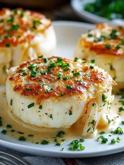 Flans de crabe individuels nappés de sauce crémeuse à la ciboulette dans une assiette élégante.