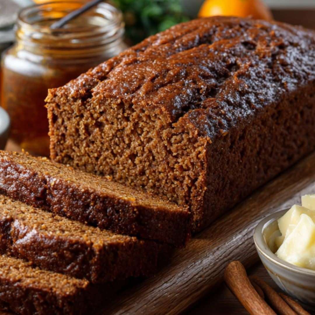 Pain d’épices moelleux parsemé d’amandes et de dés d’orange confite, tranché sur une planche en bois.