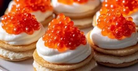Mini blinis garnis de crème citronnée et surmontés d’œufs de saumon, présentés sur un plateau apéritif.