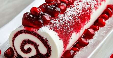 Bûche roulée à la framboise nappée d’un glaçage rose, décorée de framboises fraîches et biscuits émiettés.