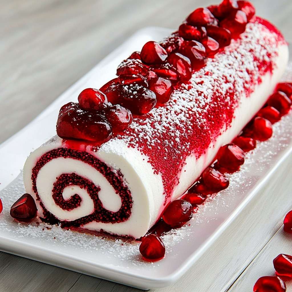 Bûche roulée à la framboise nappée d’un glaçage rose, décorée de framboises fraîches et biscuits émiettés.