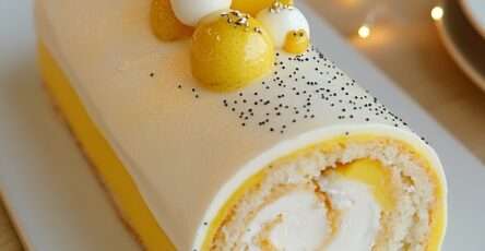 Bûche roulée citron–vanille nappée d’un glaçage blanc brillant, décorée de graines de pavot et segments de citron.