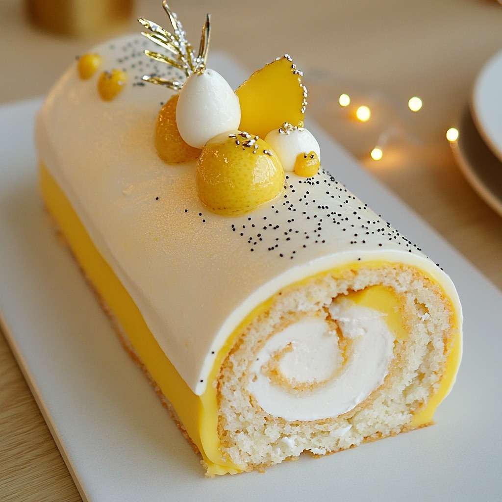 Bûche roulée citron–vanille nappée d’un glaçage blanc brillant, décorée de graines de pavot et segments de citron.