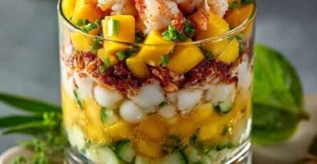Verrines crevettes composées de mangue, concombre et couches fraîches assemblées en étage.