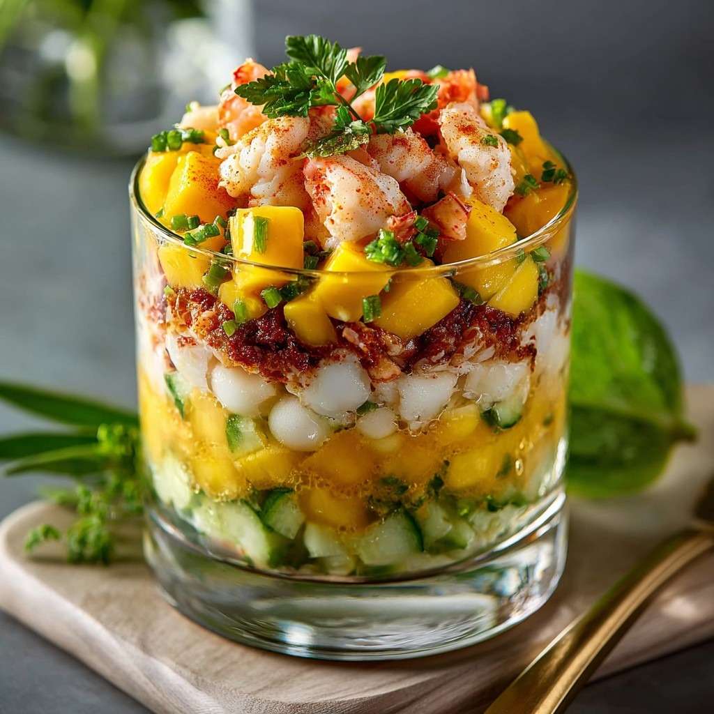 Verrines crevettes composées de mangue, concombre et couches fraîches assemblées en étage.