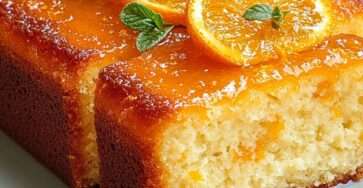 Gâteau moelleux à l’orange nappé d’un glaçage brillant avec rondelles d’orange en décor.