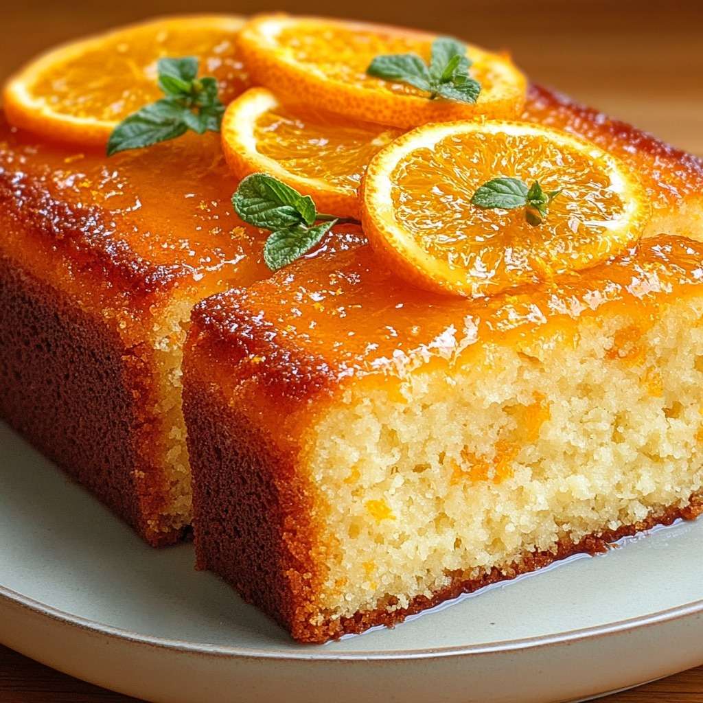 Gâteau moelleux à l’orange nappé d’un glaçage brillant avec rondelles d’orange en décor.