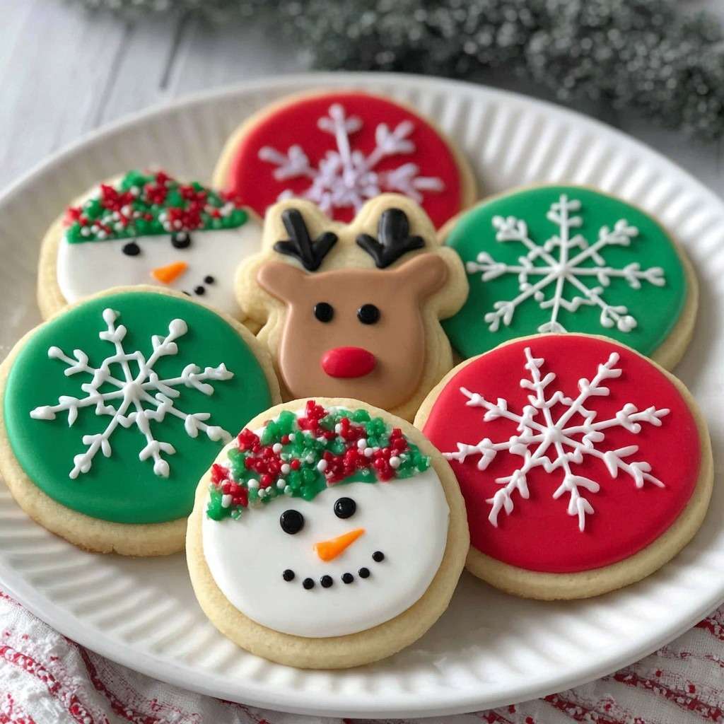 Biscuits de Noël décorés avec glaçage coloré en flocons, rennes et bonhommes de neige, prêts à être dégustés.
