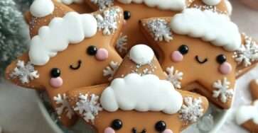 Biscuits étoiles en pain d’épices décorés de bonnets neige blancs et de petits visages souriants avec paillettes hivernales.
