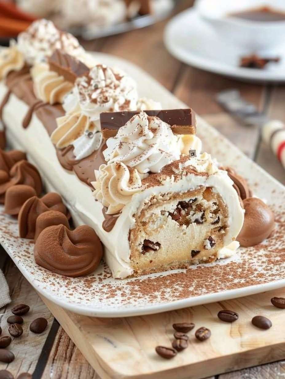 Bûche de Noël roulée au café, décorée de cacao et grains de café.