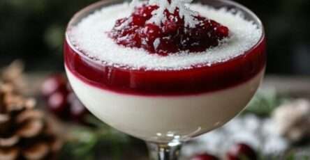 Verrines de panna cotta vanille nappées de coulis de fruits rouges, décorées façon dessert de Noël.