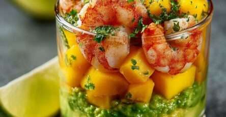 Verrines composées de crevettes, mangue et avocat en couches colorées, présentées pour une entrée festive.