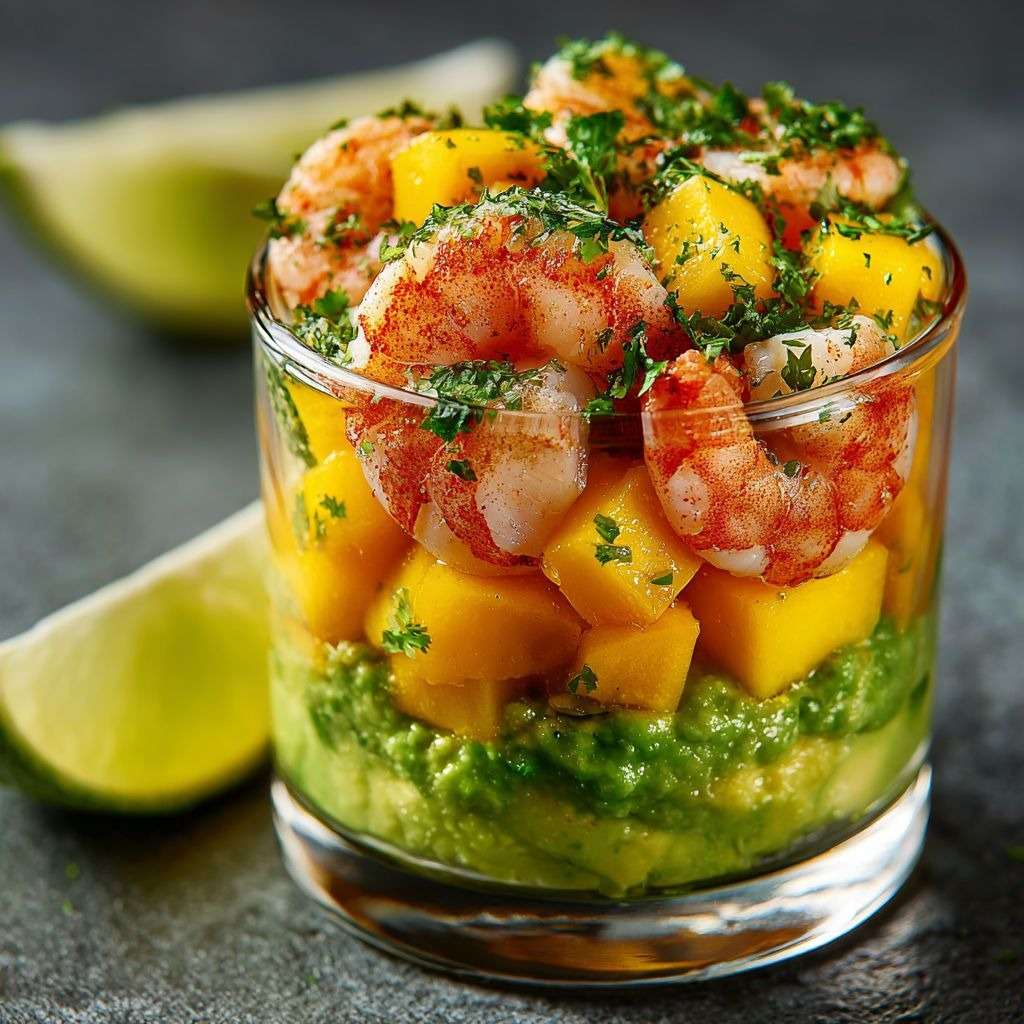 Verrines composées de crevettes, mangue et avocat en couches colorées, présentées pour une entrée festive.