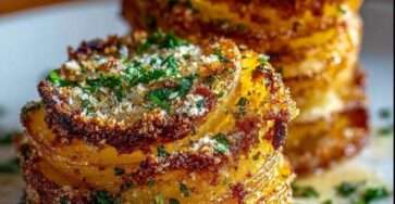 Pommes de terre au four croustillantes au parmesan, dorées et empilées, parsemées de persil frais.