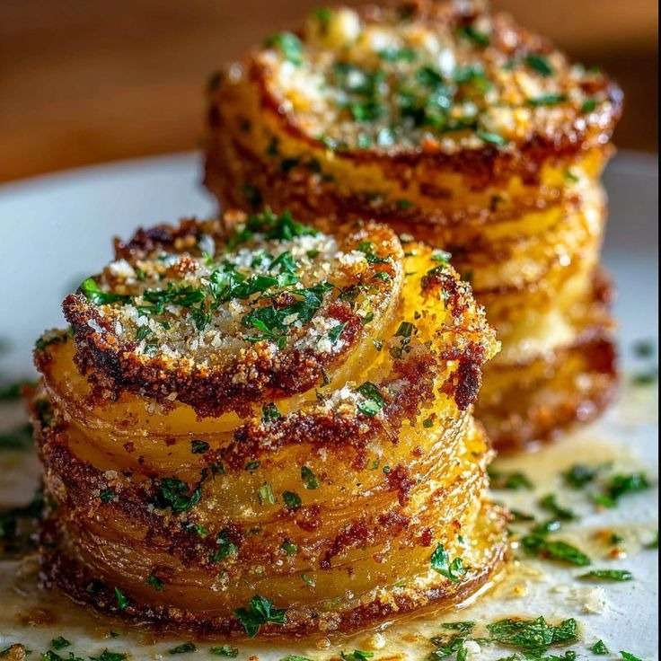 Pommes de terre au four croustillantes au parmesan, dorées et empilées, parsemées de persil frais.