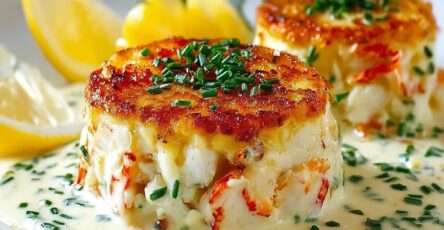 Flan de crabe fondant nappé de sauce citronnée, servi en entrée élégante avec ciboulette fraîche.