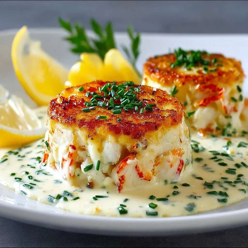 Flan de crabe fondant nappé de sauce citronnée, servi en entrée élégante avec ciboulette fraîche.