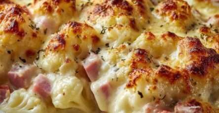 Gratin de chou-fleur au jambon et fromage doré au four, servi dans un plat familial.