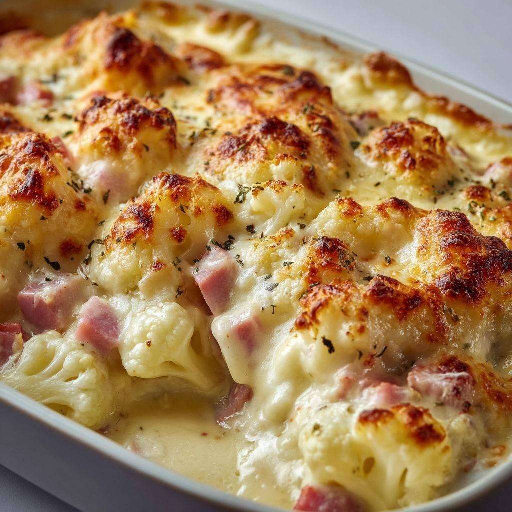 Gratin de chou-fleur au jambon et fromage doré au four, servi dans un plat familial.