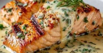 Pavés de saumon poêlé nappés de sauce crémeuse aux herbes, servis dans une poêle avec citron et herbes fraîches.