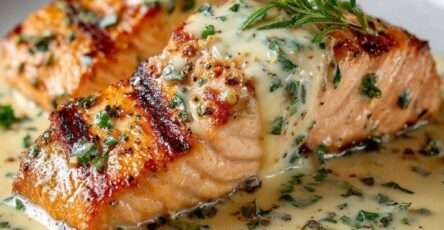 Pavés de saumon poêlé nappés de sauce crémeuse aux herbes, servis dans une poêle avec citron et herbes fraîches.